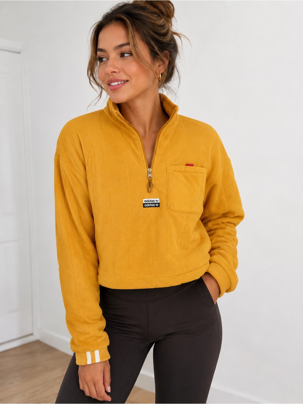 adidas Mustard Yellow Cropped Quarter-Zip Pullover Size M Activewear
